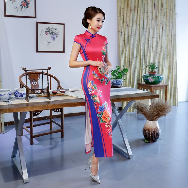 

fashion 2018 long cheongsam chinese style mandarin collar dress womens summer rayon qipao slim party dresses vestido size s-4xl, Black;gray