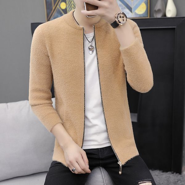 

spring and autumn 2019 new men's jacket korean version the trend handsome wearing cardigan thin coat hip hop fleece gray khaki, Black;brown