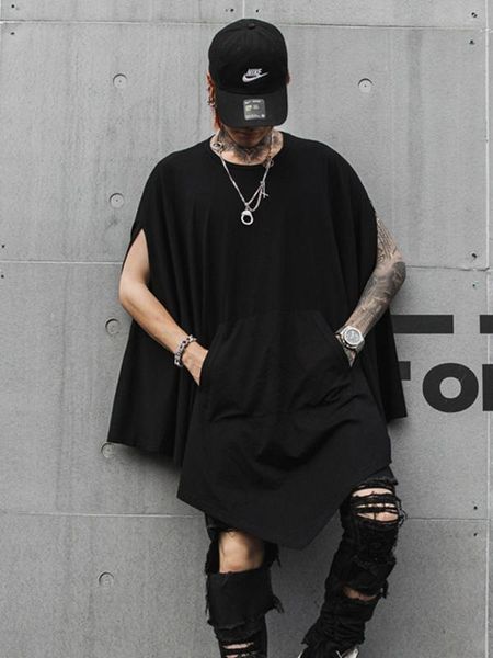 

men black loose t-shirt cloak male summer tee shirt stage show clothing, White;black