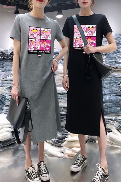 

summer new print women pink panther dress letter solid simple short sleeve loose casual bottoming dresses womens 2020 vestidos, Black;gray