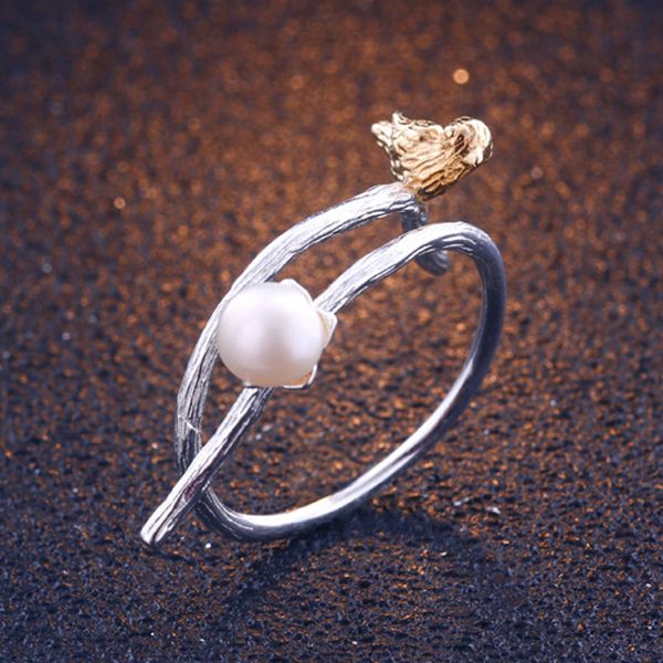 

real 925 sterling silver natural creative designer bird pearl flower branch fine jewelry adjustable party rings for women bijoux, Slivery;golden