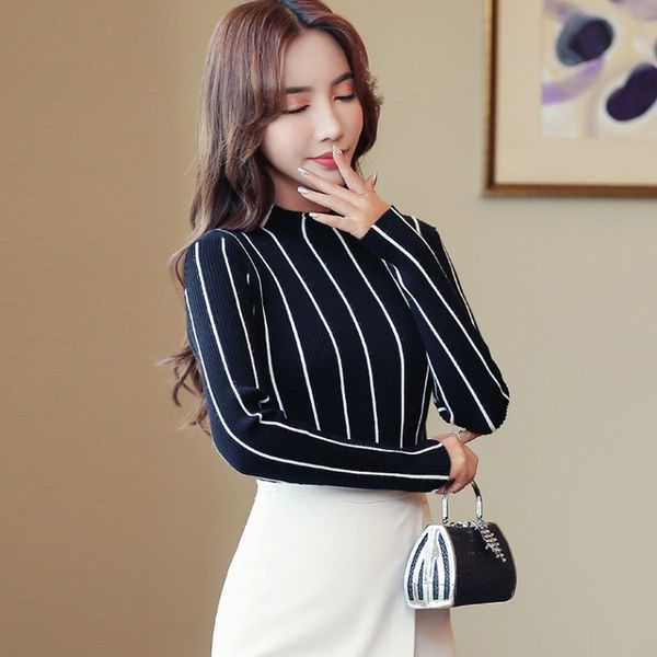 

2019 autumn winter new warm sweater women pullover loose stripe knitwear casual female temperament o neck slim fashion sweaters, White;black
