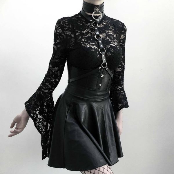 

gothic flare long sleeve floral lace bodysuit women hollow out overalls retro 19 century clothes female bottoming short romper, Black;white