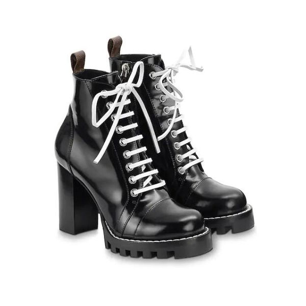 

женские кожаные сапоги star trail популярные толстые каблуки черные кожаные шнурки резиновая подошва роскошные ботинки bootswith box0, Black