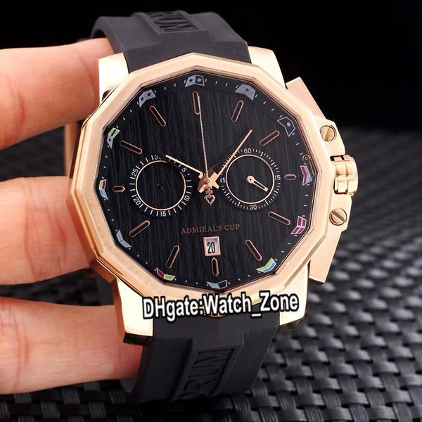 Fresco novo 48 milímetros Admirals Cup Ac e um A116 / 02597 Quartz Chronograph Mens Watch Rosa de Ouro Caso Black Dial Rubber Strap Gents Relógios Watch_zone