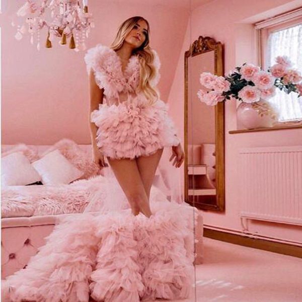 

pink 2020 women robe long nightgown deep v neck ruffles sleepwear bathrobe pajamas new prom bridesmaid shawel, White