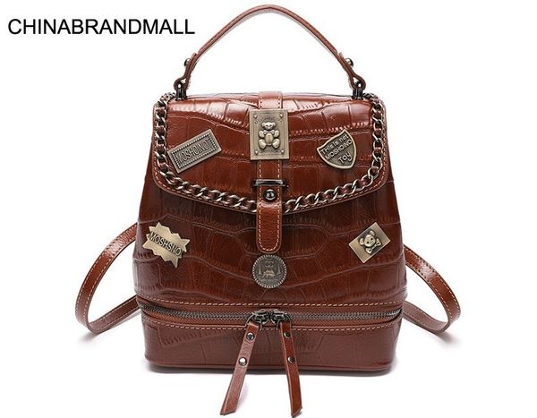 

genuine leather cow skin brown solid backpack shcool bag for women