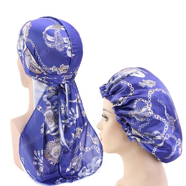 

2pcs set custom designer print silky satin durag match silk bonnet for women silky bandanas for men long tail durags wave cap sleep cap, Blue;gray