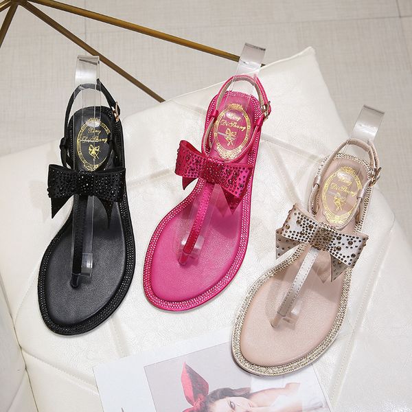 

koovan женские сандалии rhinestone satin bow женский лето 2020 new flat bottom пляж сандалии и тапочки женская обувь плоский с t200529, Black