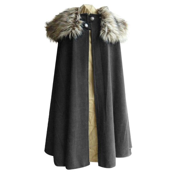 

2020 new medieval men's winter viking cape cloak coat vintage ranger coat gothic style fur collar cape cloak jon snow costume, Black