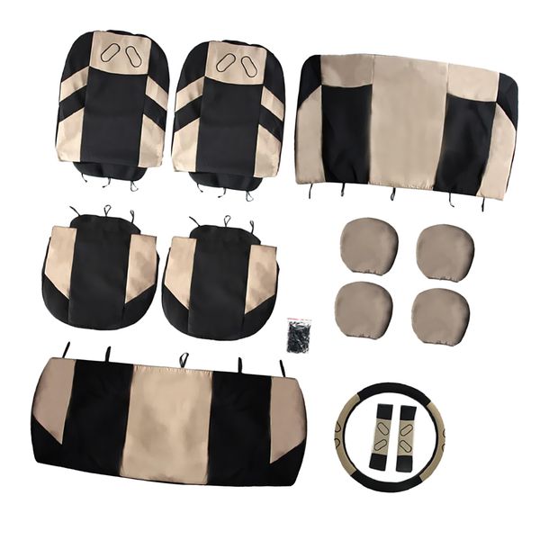 

set of 13 breathable car seat headrest cover set anti-scratch beige & black