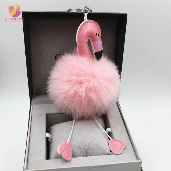 

2017 sell pompom flamingo keychain lovely key chain animal bird fluffy artificial rabbit fur ball women car bag key ring, Silver