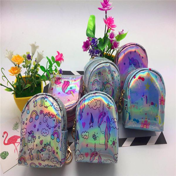 

gift purse cute cartoon unicorn sequins magic laser bag with keychain money pouch kids women mini wallet coin bag zipper, White