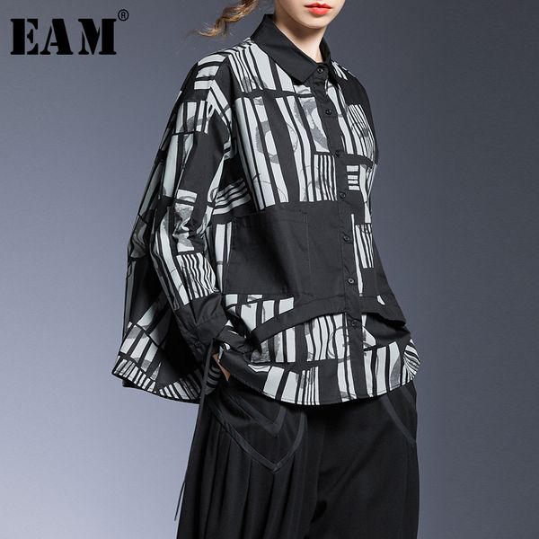 

eam] женщины черный узор печатных большой размер блузка новый лацкан с длинным рукавом свободная посадка рубашка мода прилив весна осень 20, White