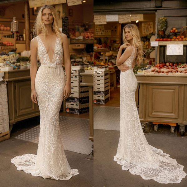 

гали karten 2019 свадебные платья полный кружева глубокий v шеи аппликация свадебные платья развертки поезд пляж спинки русалка свадебное пл, White