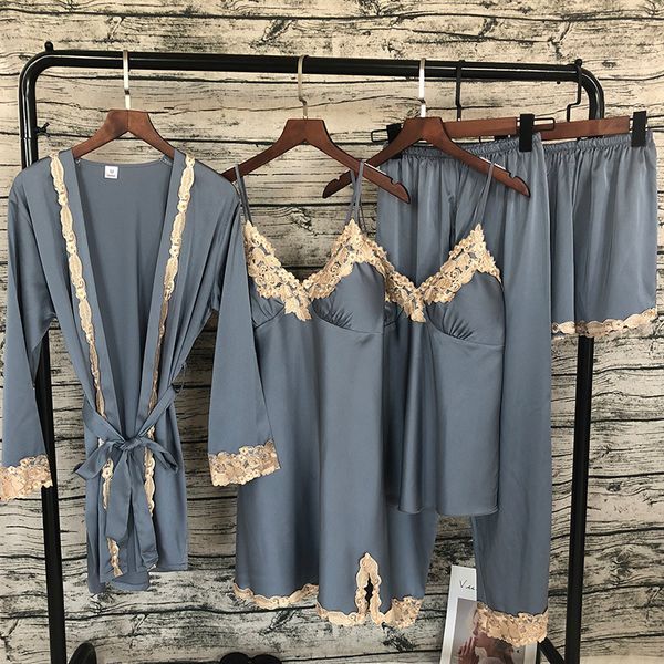 

2019 women satin sleepwear 5 pieces pyjamas lace pajamas sleep lounge pijama silk night home clothing pajama suit, Blue;gray