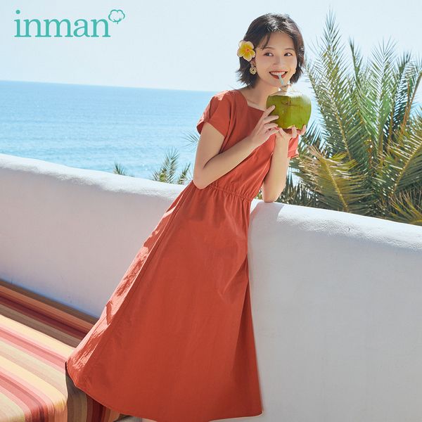 

inman 2020 summer new arrival vintage cotton square collar slimmed sweet cool dress, Black;gray