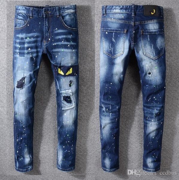 

мода мужские проблемные ripped байкер джинсы повседневный брюки slim fit мотоцикл байкер джинсовой моды дизайнерские брюки хип-хоп мужские д, Blue