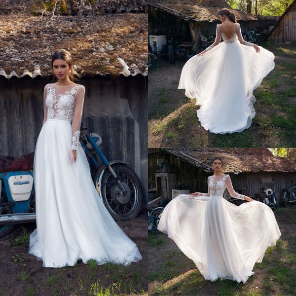 

2020 papilio long sleeve wedding dresses a line tulle appliqued sweep train beach wedding dress custom made bohemian bridal gowns, White