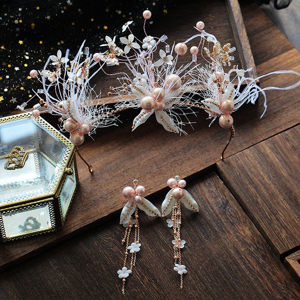 

2019 beads feather bride's headdress hair hoop and earrings pearl feathers tiara butterfly party wedding hair accessories, Golden;white