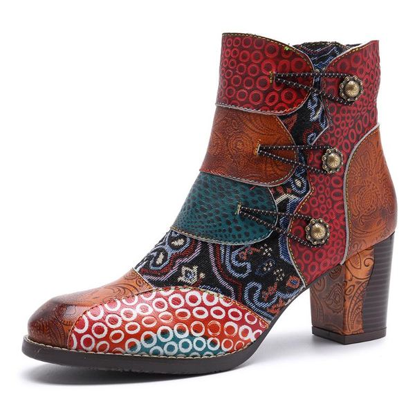 

vintage splicing printed ankle boots for women shoes woman genuine leather retro block high heels women boots new, Black