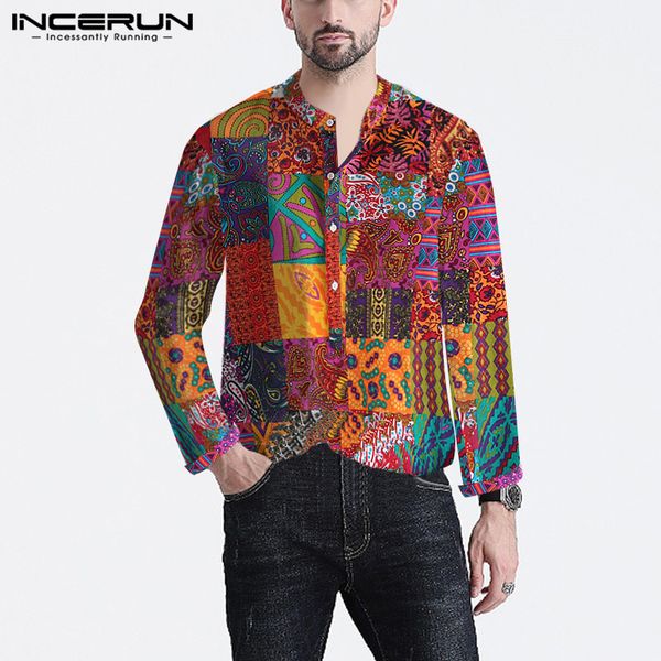 

incerun cotton men casual shirt printed ethnic style stand collar streetwear long sleeve blouse chic hawaiian shirts camisa 2019, White;black