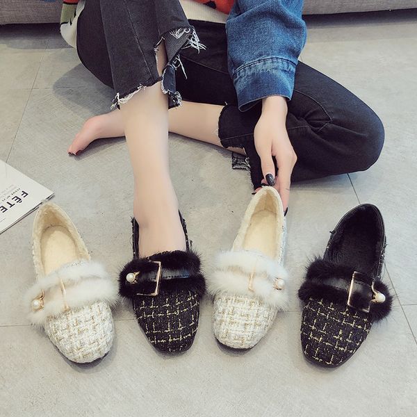 

square toe casual woman shoe winter shoes women 2019 fashion women's all-match loafers fur female footwear modis new moccasin, Black