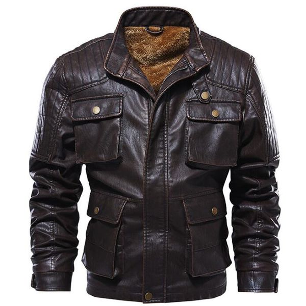 

winter jackets men pu motorcycle biker faux leather jacket thick warm fleece jackets coats male overcoat jaqueta couro l-5xl, Black
