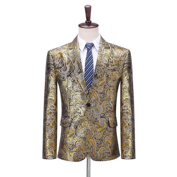 

golden floral pattern business casual party men's suit coat presenter stage fashion slim fit blazer jacket male wedding clothing, White;black