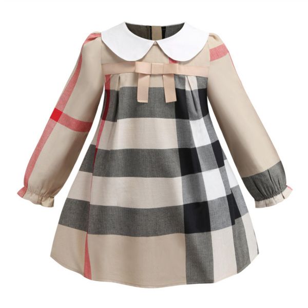 Acheter Nouveau Printemps à Manches Longues Vêtements Pour Enfants Mode Motif Treillis Magnifique Robe De Soirée Entre Filles Avec Un Arc Et Un Col De