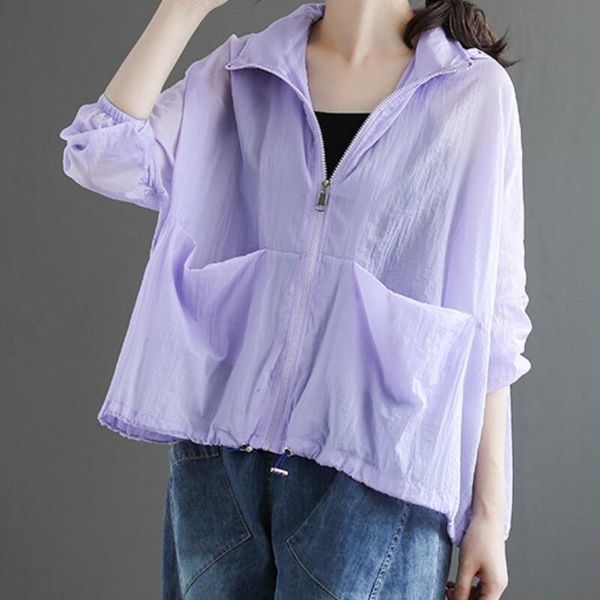 

thin summer jacket ladies solid hooded zip up sun protection clothing anti-uv breathable loose back large pocket short, Black;brown