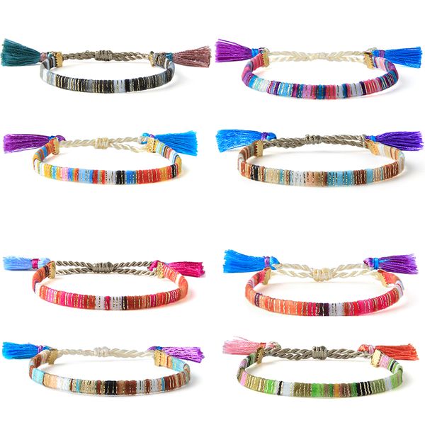 

kelitch bohemian colorful tassel bracelets woven braided 2pcs cotton thread wrap bracelets charm friendship string bangles chain, Golden;silver