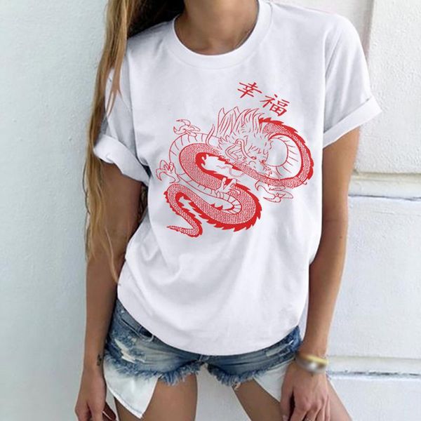 

pullover loose summer short sleeve dragon printing beach adults crew neck casual street crimping women t shirt travel home, White