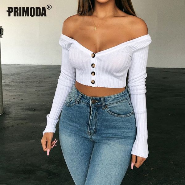 

2019 new women slash neck buttons navel short crop shirts night club party solid tees white t shirt pr757g
