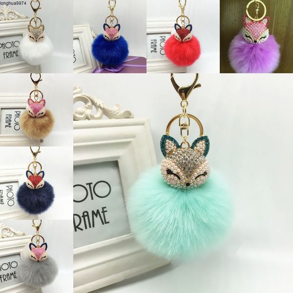 

pompom cute fox bunny fur keychain pearl keychain rabbit fur ball key chain for women girl, Silver