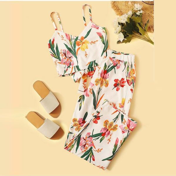 

feitong tracksuit women floral printed sets womens tracksuit set sleeveless camis blouse+long pants set ensemble femme, White