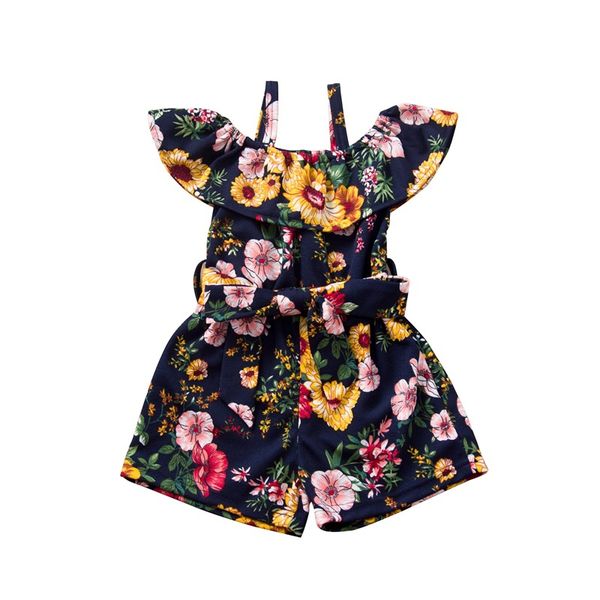 

2020 summer baby girls floral romper fashion cute kids flower printed sling jumpsuit ruffles children bow bodysuit c6239, Blue
