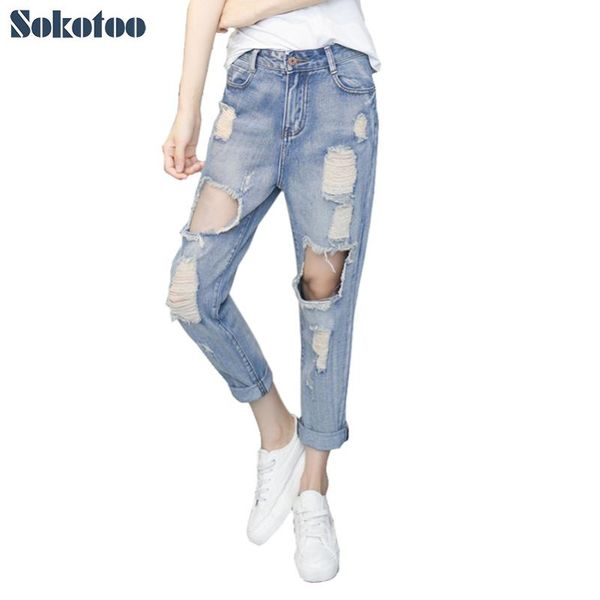 

sokotoo женские повседневные дырки рваные джинсы бойфренда для женщин длиной до щиколотки летние свободные джинсовые девятые брюки капри, Blue
