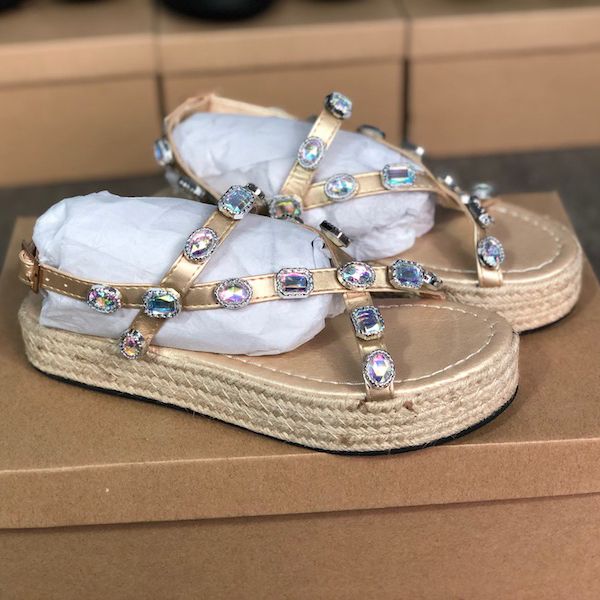 

new arrival women leather platform sandal with rhinestone ladies summer slides sandal party shoes straw bottom outdoor designer slipper eu43, Black