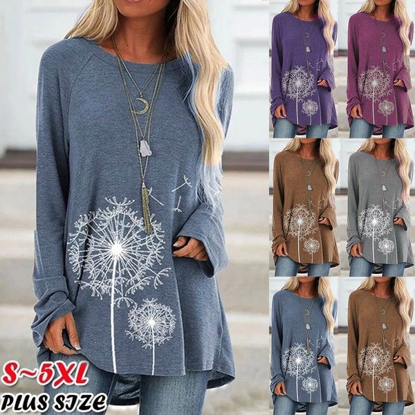 

020 medium and long round collar printed long sleeve coat loose t-shirt women's wear, White