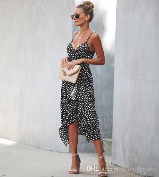 

весна лето женские платья конфеты цвет v-образным вырезом горошек платье повседневная спагетти ремень платья ласточкин хвост сплит женская о, Black;gray