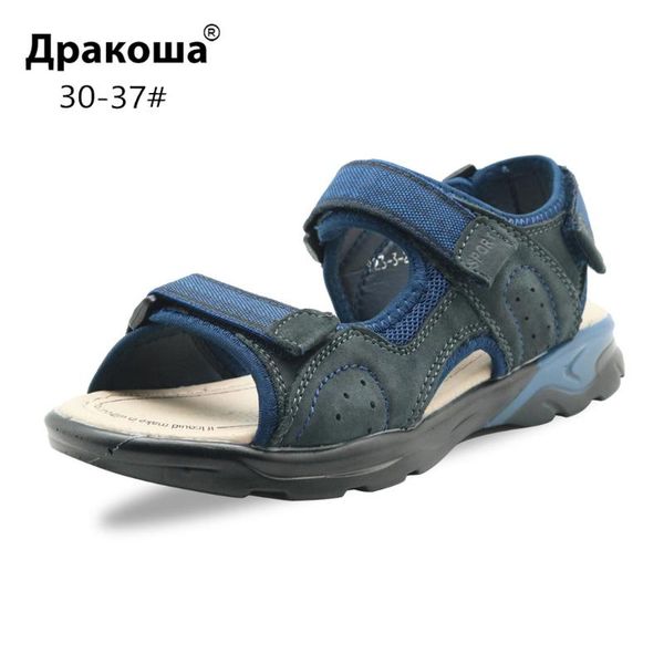 

apakowa boys genuine leather 3 straps hook&loop beach sandals for little boy kids summer open toe sports sandals children shoes, Black;red