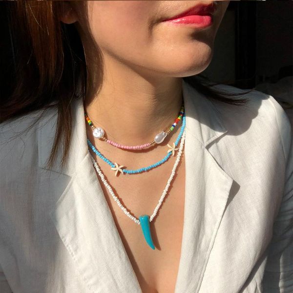 

boho rainbow small beads necklace fashion star/pearl pendant necklace for women layered colorful beaded chain on the neck 2020, Silver
