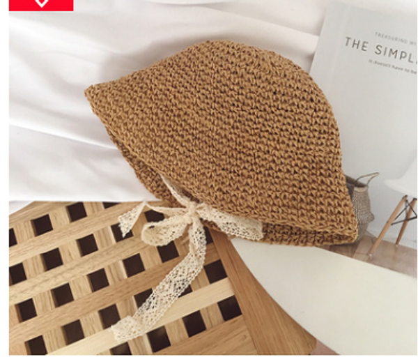 

casual women baby girl family hat summer princess straw lace sun cap bucket hat 3 colors, Yellow