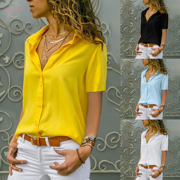 

fashion womens and blouses 2020 womens blouse chiffon solid shirt office ladies plain short sleeve casual blouse, White