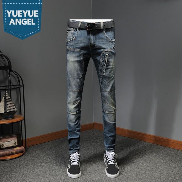 

мђжка одежда vintage slim fit denim бѬки байкеѬ zipper straight каѬанда джин мђжкие поведн, Blue
