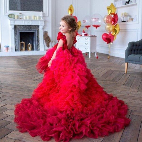 

red tiered ruffles flower girls dresses for weddings sweep train jewel neck birthday first girl communion pageant gowns, Blue