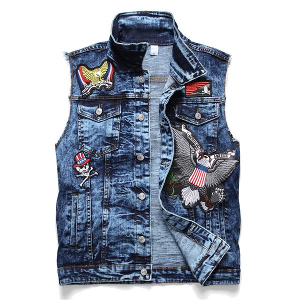 

mens badge denim vest sleeveless jeans jacket fashion designer vintage washed slim fit waistcoat big size outwear 913, Black;white