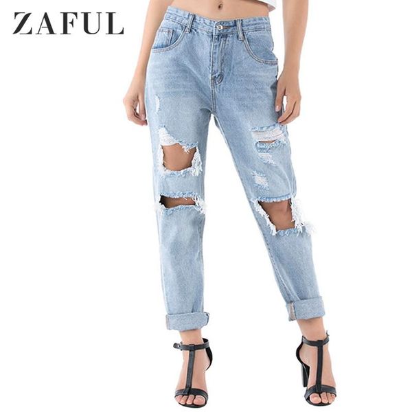 

zaful women's jeans distressed raw hem boyfriend jeans spring fall pocket ripped casual loose women's bottoms denim, Blue