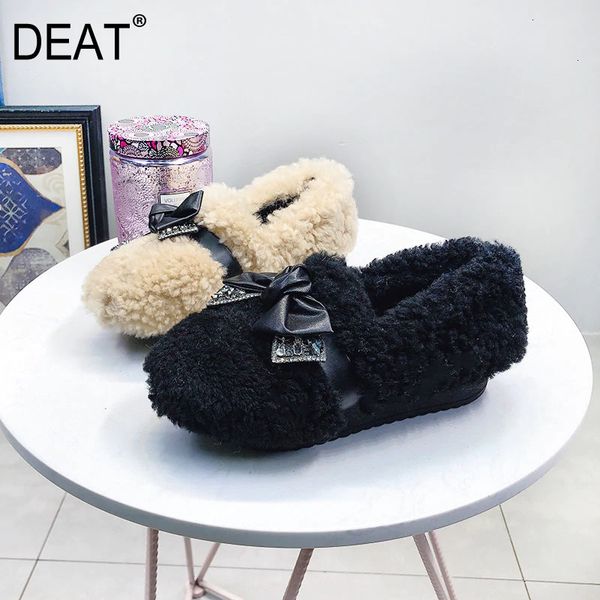 

deat] 2019 round toe shallow lamswool fur crystal bowknot velvet thick bottom shoes women new autumn winter fashion tide 10e978, Black